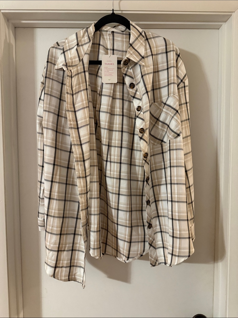 Plaid Button-Up Shirt in Cream, Tan & Black